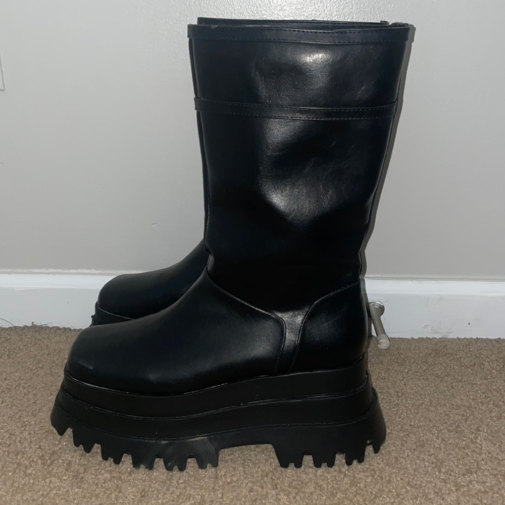 Ego Sky-High Chunky Sole Mid Calf Biker Boot in Black Faux Leather